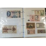 A folder containing English and foreign banknotes, including third series Treasury Issue One Pound