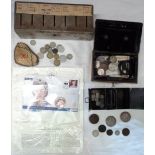 A cash tin containing a quantity of English and other coins, including two Victorian crowns,