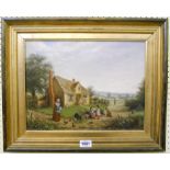 G. Lara (by or after): a village scene with children playing before a thatched cottage with a lady