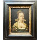 An ebonised and gilt framed antique oil on oak panel depicting an Elizabethan lady - bearing old Lot