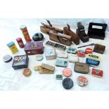 A box containing a quantity of collectables, including tins, bakelite items, rebate planes, etc.