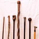 A collection of six antique walking sticks and a riding crop - including silver topped ebony, carved