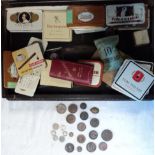 A collection of English and foreign coins, contained within a wooden box and tins, including 1843