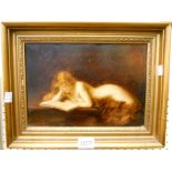 A gilt framed oil on canvas study of an Edwardian nude female reading a book - signed - 8" X 11 1/