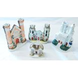 Three castle shaped Staffordshire flatbacks, including pastille burner - sold with a further