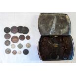 A tin containing English and foreign coins, including George II penny, 1797 cartwheel penny, 1903