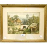 19th Century watercolour, village scene with figures in rowing boats beside a bridge -