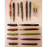 A collection of fountain pens and propelling pencils, including Burnham, Platignum, etc.