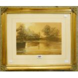 Peter J. Carter: a gilt framed watercolour depicting a river scene at dusk - signed
