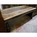 A 6' solid Eastern hardwood dining table with planked top and hand hammered stud decoration, set