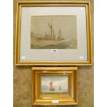 Peter J. Carter: a gilt framed watercolour depicting beached fishing boats on an estuary at low tide