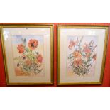 E. Crawford: a pair of gilt framed watercolours, one depicting a study of poppies, the other tiger