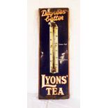 A vintage enamelled advertising sign with built-in thermometer and folded sides, Lyons' Tea, Degrees