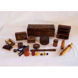 A collection of Tunbridge ware boxes and treen items