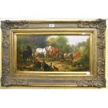 An ornate gilt framed oil on panel, depicting a group of woodsmen with working horses to