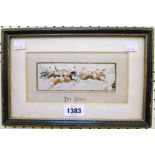 A framed and mounted woven silk steveograph of a horse race  - "The Start" -  by Thomas Stevens