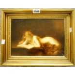 A gilt framed oil on canvas study of an Edwardian nude female reading a book - signed - 8" X 11 1/