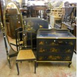 A 1930's chinoiserie Oriental style part bedroom suite, comprising a cheval mirror, three drawer