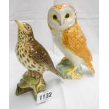 A 7½" Beswick Barn owl 1046 and a Beswick thrush 2308
