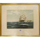 W. Knox: a watercolour depicting a three masted ship at sea, with chalk cliffs in background - 10" x