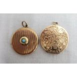 Two 9ct. gold lockets, one with engraved decoration, the other engine turned with cabochon