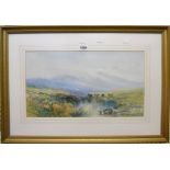 William Widgery: a gilt framed watercolour depicting cattle beside a moorland pool - 10½" x 18½"