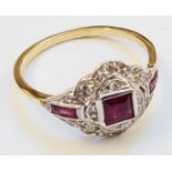 An Art Deco style 18ct. gold ring, set with central square ruby within a diamond encrusted border,