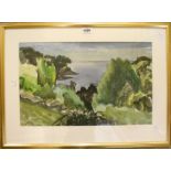 John Farleigh: a gilt framed watercolour depicting a coastal view with bay and sailing vessel -