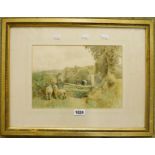 Miller Smith: a gilt framed watercolour, depicting two lambs by a gateway, with harvesters working