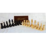 A mahogany cased ebony and boxwood chess set, with 3¾" king (black crown a/f)