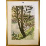 John Farleigh: a gilt framed watercolour depicting a river estuary scene with tree in foreground and