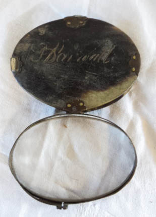An antique horn cased swing-out magnifying glass, engraved J. Darmall