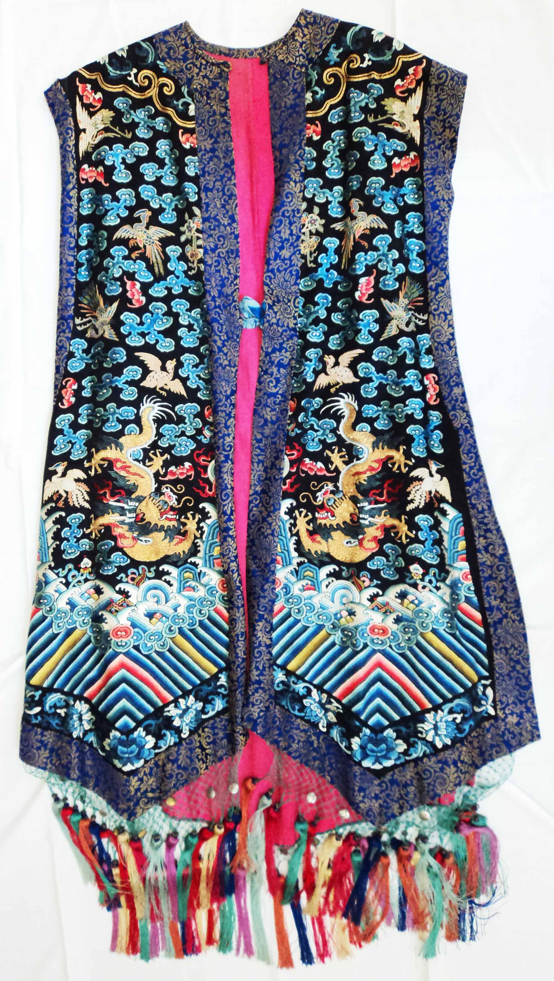 A 20th Century Chinese embroidered silk sleeveless vest Dragon coat, with gold thread air dragons,