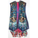 A 20th Century Chinese embroidered silk sleeveless vest Dragon coat, with gold thread air dragons,