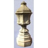 A 5' 9" four piece cast concrete Gothic style lidded pedestal urn or font of faceted design and arch