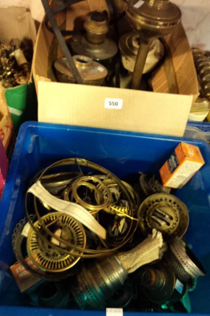 A box and a crate containing a quantity of part table oils lamps, burner fittings, Aladdin