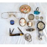 A box containing collectable items including pince-nez, cameos brooches, Victorian silver coins,