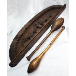 Two old turned wood Indian clubs - sold with an oak dome top furniture embellishment with carved