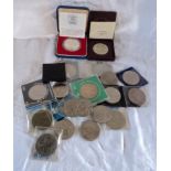 A collection of crowns, including boxed Royal Mint sterling silver crown - ampulla and spoon type,