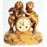An ornate French gilt bronze cased mantel clock, with painted floral decoration to enamelled dial,