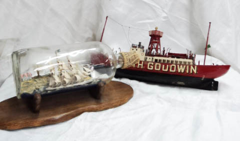 A three masted sailing ship in a bottle - sold with a model of the South Goodwin Lightship