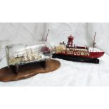 A three masted sailing ship in a bottle - sold with a model of the South Goodwin Lightship