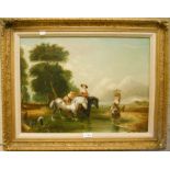 A gilt framed oil on canvas, entitled, "Crossing The Brook" - after Sir A. W. Callcott - 17 1/4" x