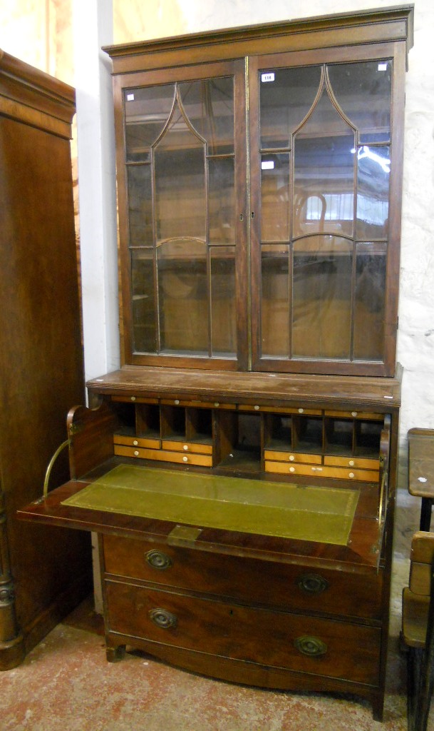 A 3' 4" antique mahogany secretaire/bookcase, with astragal glazed top section and fall front