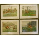 A set of four Hogarth framed watercolours depicting hunting scenes - signed G. D. R. - 9 3/4" x 13