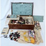 A Victorian mahogany and inlaid work box with fully fitted interior and related contents