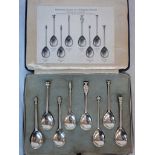 A cased set of eight silver reproductions of antique English spoons from 1377 to 1660 - TB & S -