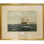 W. Knox: a watercolour depicting a three masted ship at sea, with chalk cliffs in background - 10" x