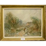 Harry Edmunds Crute: a gilt framed oil on board, depicting a rainy day, with figure with umbrella on