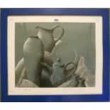 Rob Smith: a blue stained wood framed charcoal and chalk drawing, "Still Life" with pottery forms